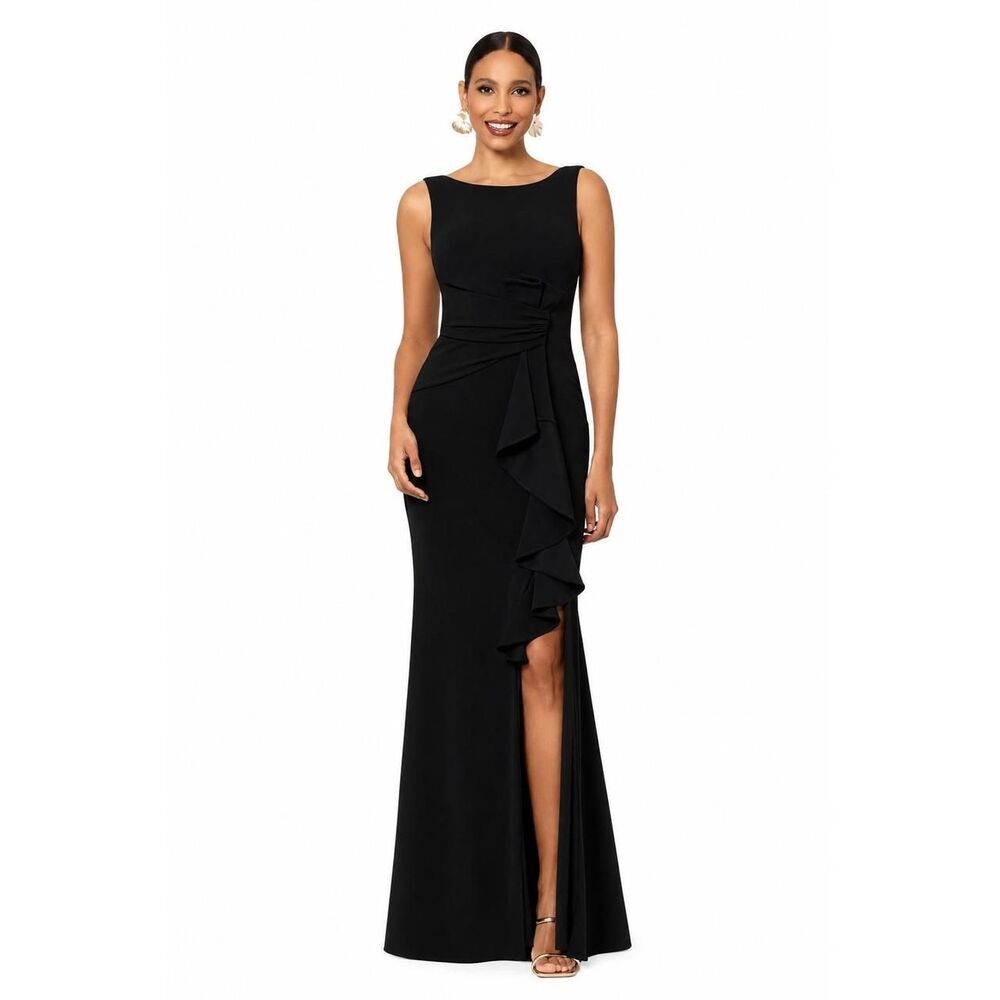 New Betsy & Adam Christine Scuba Crepe Ruffled Bow Dress in Black Size 10 Petite